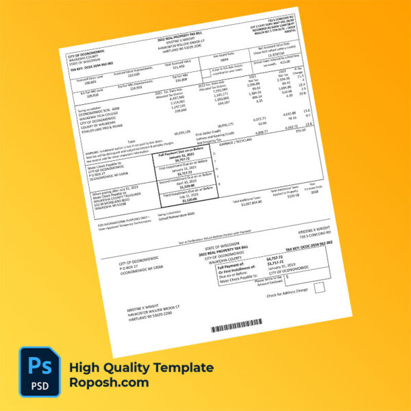 USA City of Oconomowoc Editable Property Tax Bill Template in Word and PDF formats