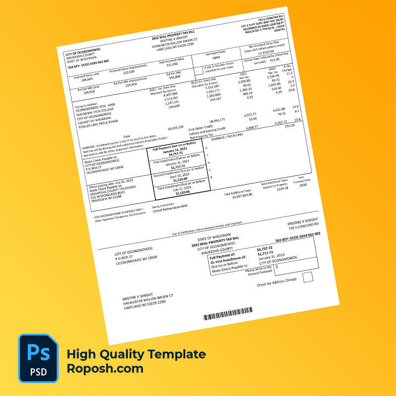 USA City of Oconomowoc Editable Property Tax Bill Template in Word and PDF formats USA City of Oconomowoc Editable Property Tax Bill Template in Word and PDF formats