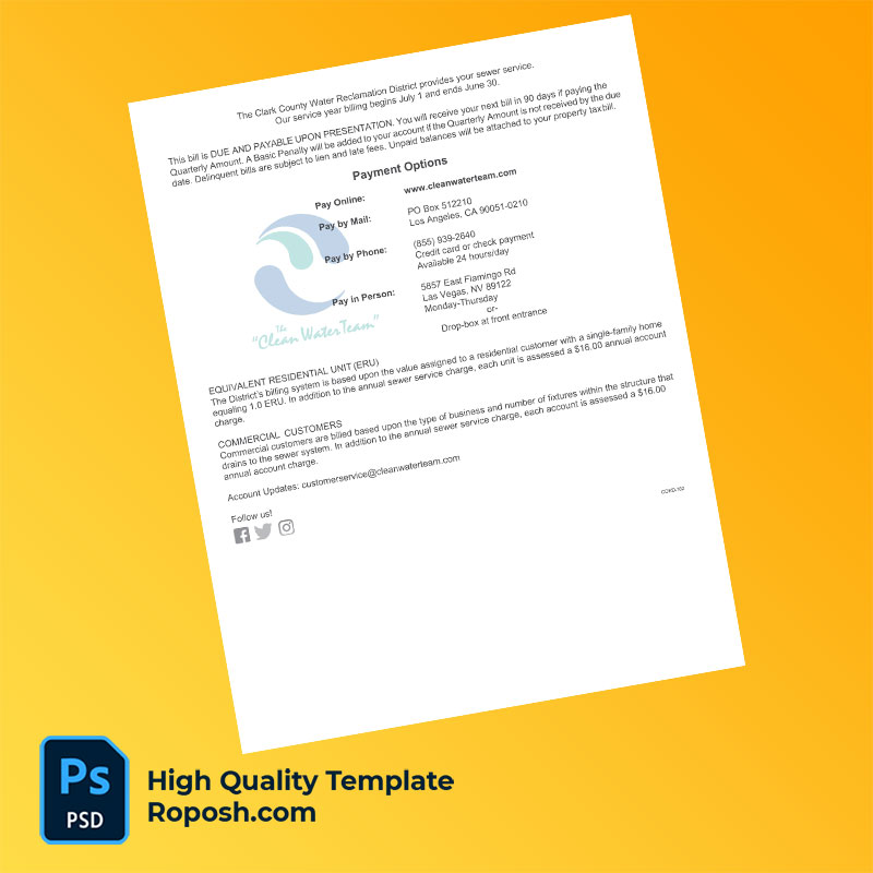 USA Clark County Water Reclamation District Editable Sewer Service Bill Template in Word and PDF formats USA Clark County Water Reclamation District Editable Sewer Service Bill Template in Word and PDF formats