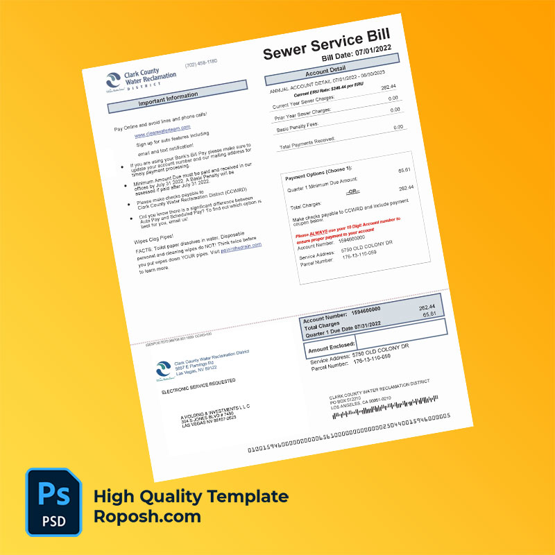 USA Clark County Water Reclamation District Editable Sewer Service Bill Template in Word and PDF formats USA Clark County Water Reclamation District Editable Sewer Service Bill Template in Word and PDF formats