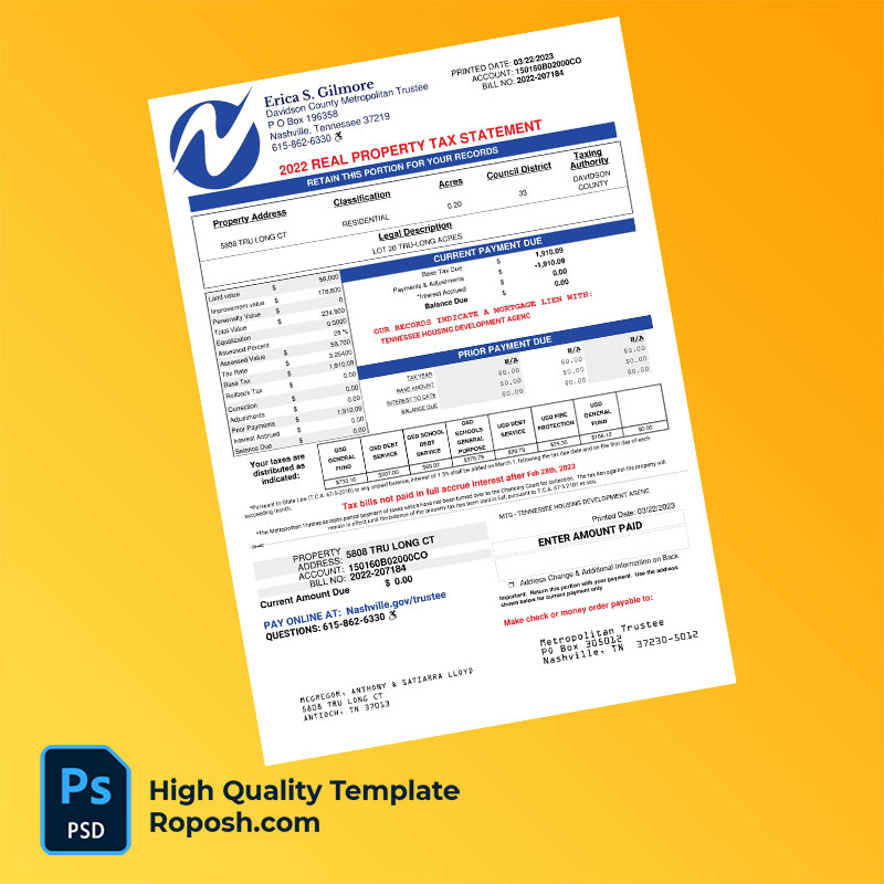 USA Davidson County Metropolitan Trustee Editable Property Tax Bill Template in Word and PDF formats USA Davidson County Metropolitan Trustee Editable Property Tax Bill Template in Word and PDF formats