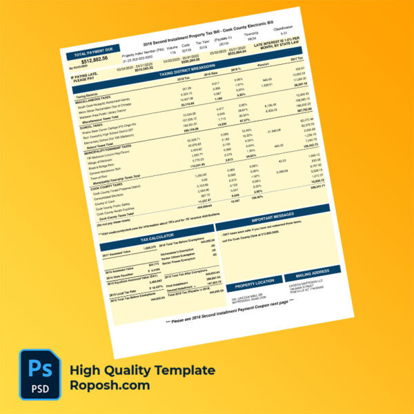 USA Illinois Cook County Treasurer Editable Property Tax Bill Template in Word and PDF formats