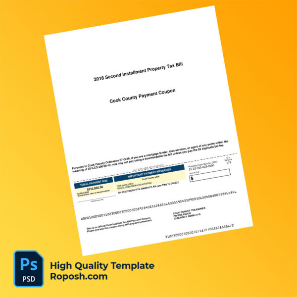 USA Illinois Cook County Treasurer Editable Property Tax Bill Template in Word and PDF formats