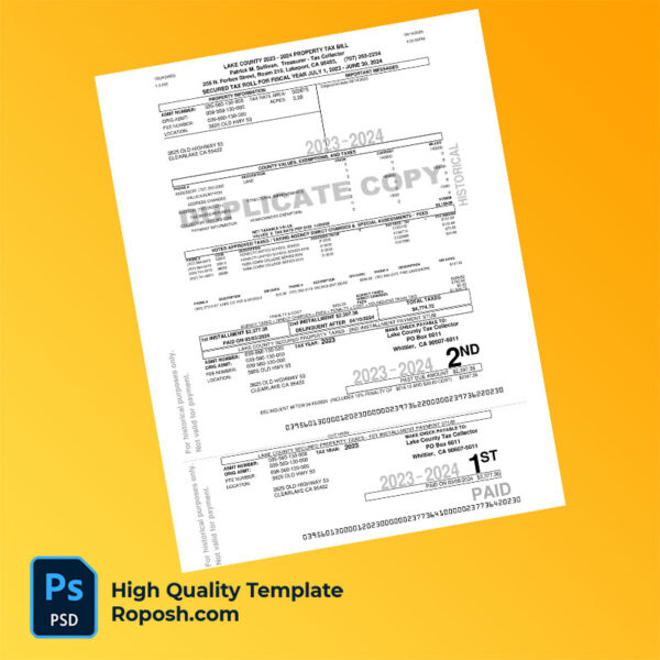 USA Lake County Treasurer-Tax Collector Editable Property Tax Bill Template in Word and PDF formats
