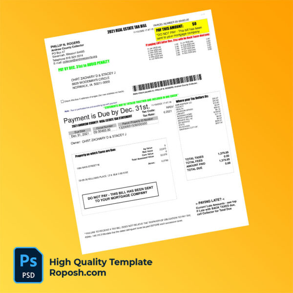 USA Missouri Andrew County Collector Editable Property Tax Bill Template in Word and PDF formats