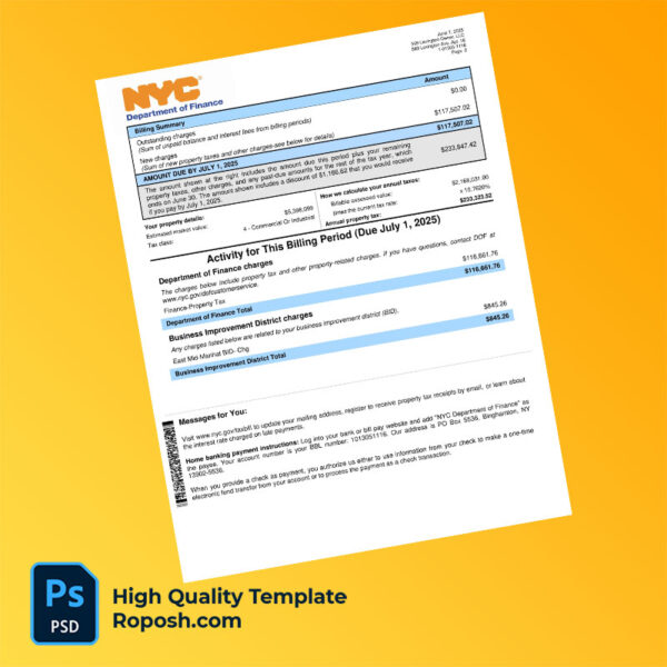 USA NYC Department Of Finance Editable Property Tax Bill Template in Word and PDF formats