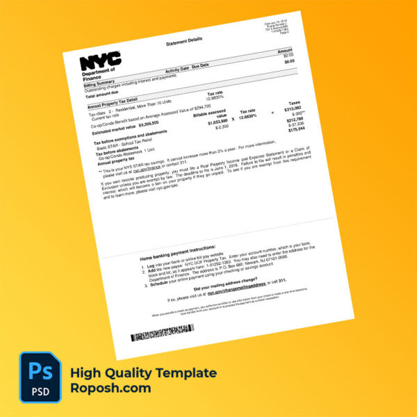 USA New York NYC Department Of Finance Editable Property Tax Bill Template in Word and PDF formats