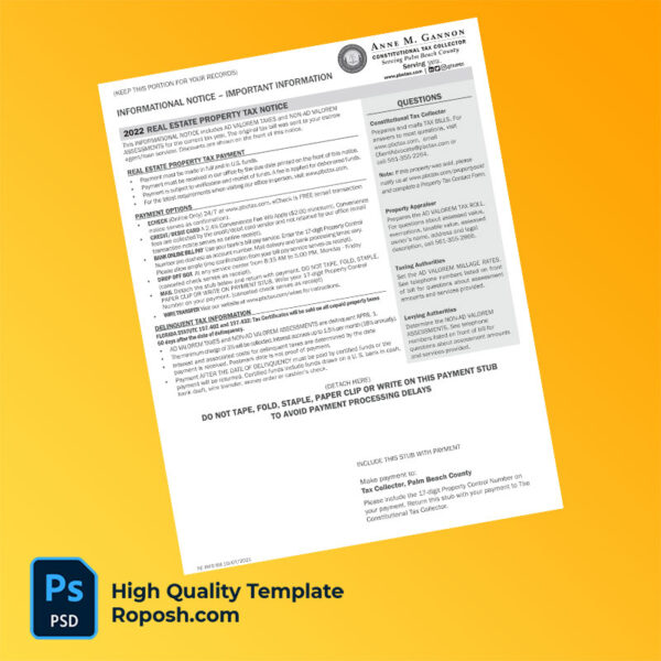 USA Palm Beach County Tax Collector Editable Property Tax Bill Template in Word and PDF formats