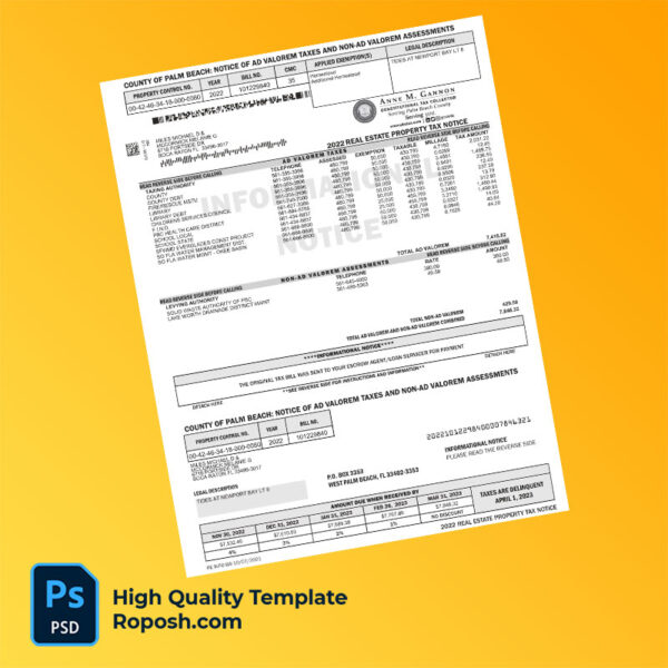 USA Palm Beach County Tax Collector Editable Property Tax Bill Template in Word and PDF formats