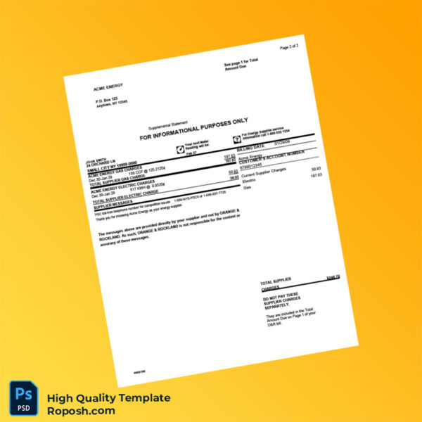 USA ACME ENERGY Editable Utility Bill Template in Word and PDF formats 2 page