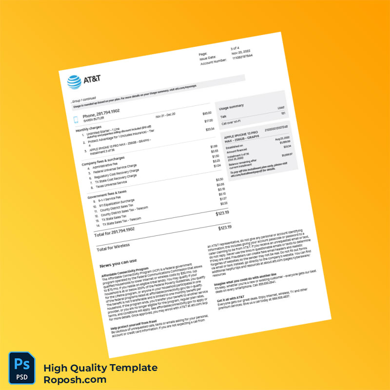 USA AT T Bill Summary Template in Word and PDF formats 4 page USA AT T Bill Summary Template in Word and PDF formats 4 page