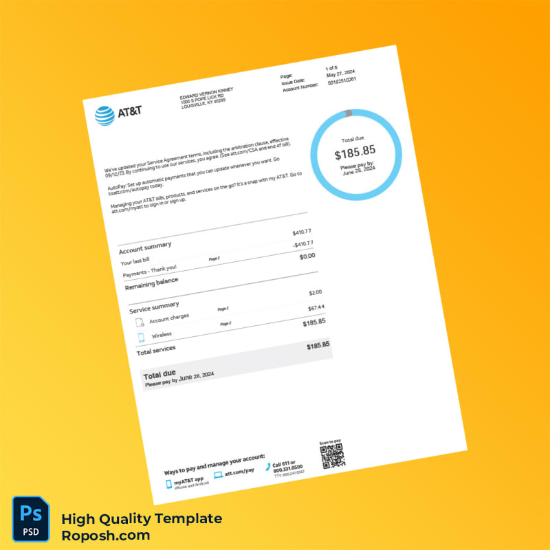 USA AT T Editable Phone Bill Template in Word and PDF formats 7 page USA AT T Editable Phone Bill Template in Word and PDF formats 7 page