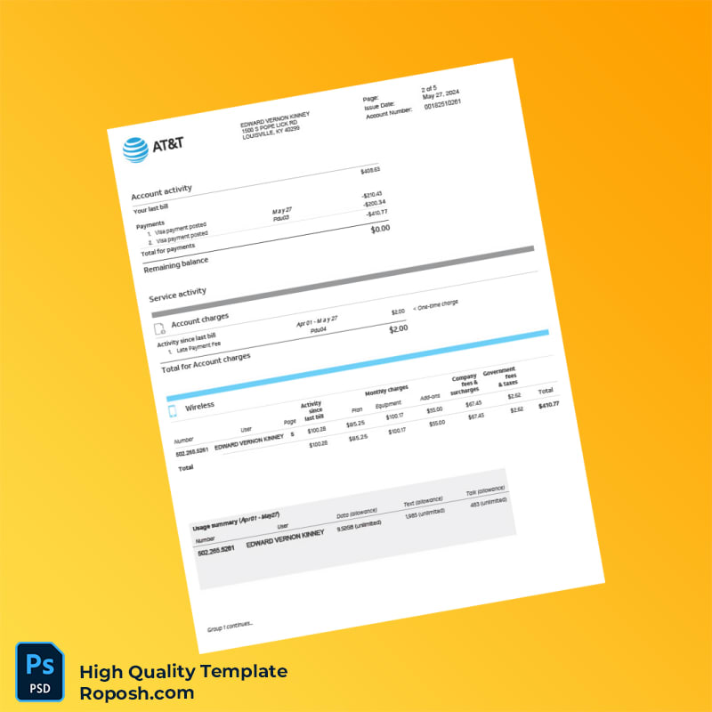 USA AT T Editable Phone Bill Template in Word and PDF formats 7 page USA AT T Editable Phone Bill Template in Word and PDF formats 7 page
