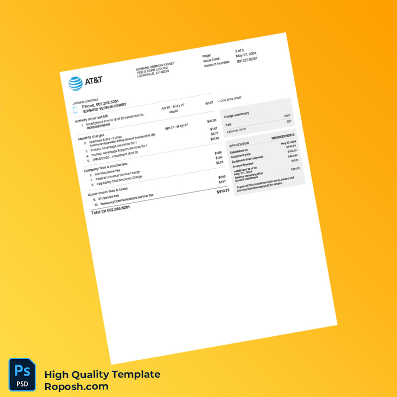 USA AT T Editable Phone Bill Template in Word and PDF formats 7 page USA AT T Editable Phone Bill Template in Word and PDF formats 7 page