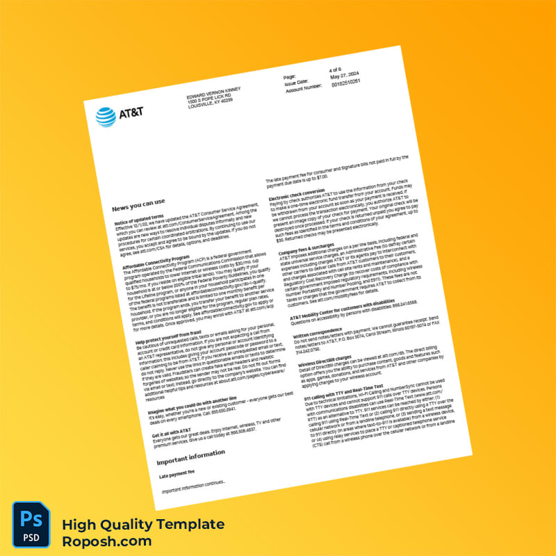 USA AT T Editable Phone Bill Template in Word and PDF formats 7 page USA AT T Editable Phone Bill Template in Word and PDF formats 7 page