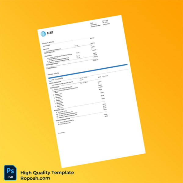 USA AT T Editable Utility Bill Template in Word and PDF formats 3 page
