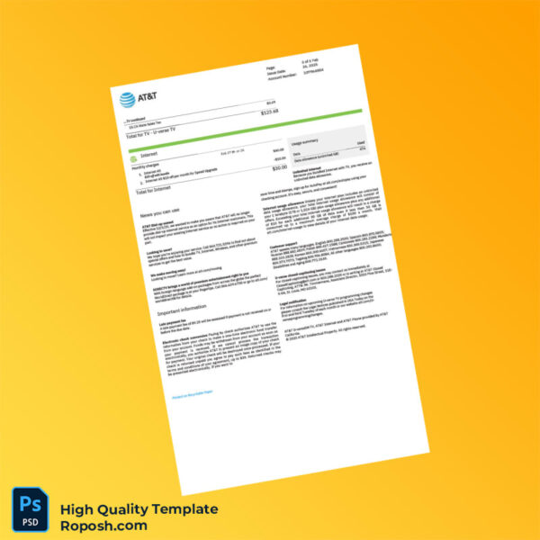 USA AT T Editable Utility Bill Template in Word and PDF formats 3 page