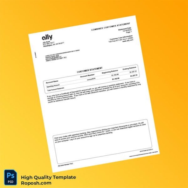 USA Ally Bank Combined Customer Statement Template in Word and PDF formats 4 page