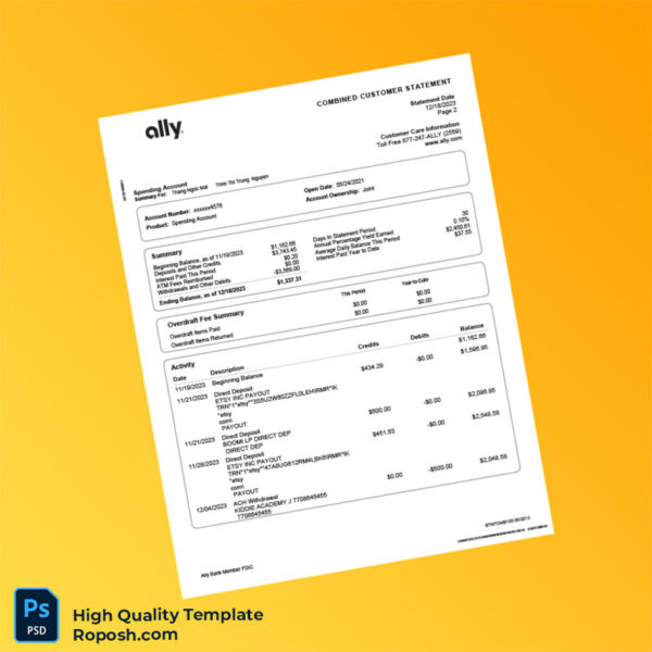 USA Ally Bank Combined Customer Statement Template in Word and PDF formats 4 page