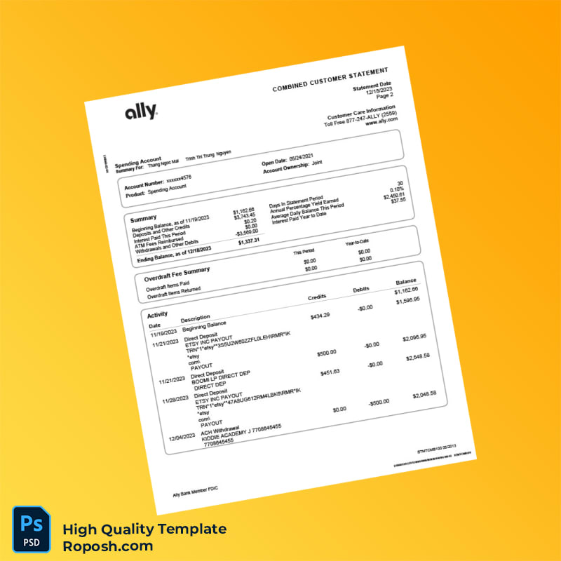 USA Ally Bank Combined Customer Statement Template in Word and PDF formats 4 page USA Ally Bank Combined Customer Statement Template in Word and PDF formats 4 page