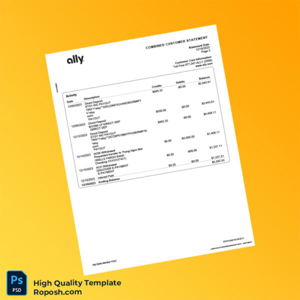 USA Ally Bank Combined Customer Statement Template in Word and PDF formats 4 page