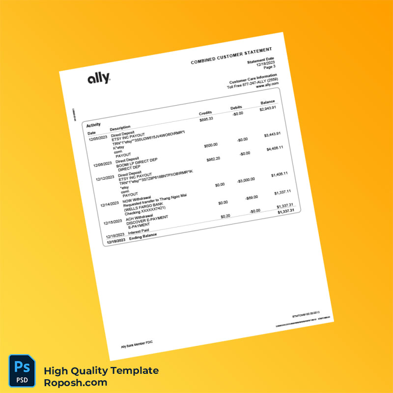 USA Ally Bank Combined Customer Statement Template in Word and PDF formats 4 page USA Ally Bank Combined Customer Statement Template in Word and PDF formats 4 page