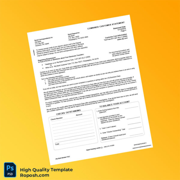 USA Ally Bank Combined Customer Statement Template in Word and PDF formats 4 page