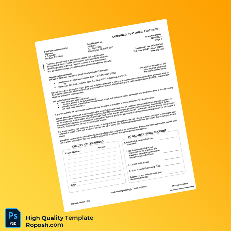 USA Ally Bank Combined Customer Statement Template in Word and PDF formats 4 page USA Ally Bank Combined Customer Statement Template in Word and PDF formats 4 page
