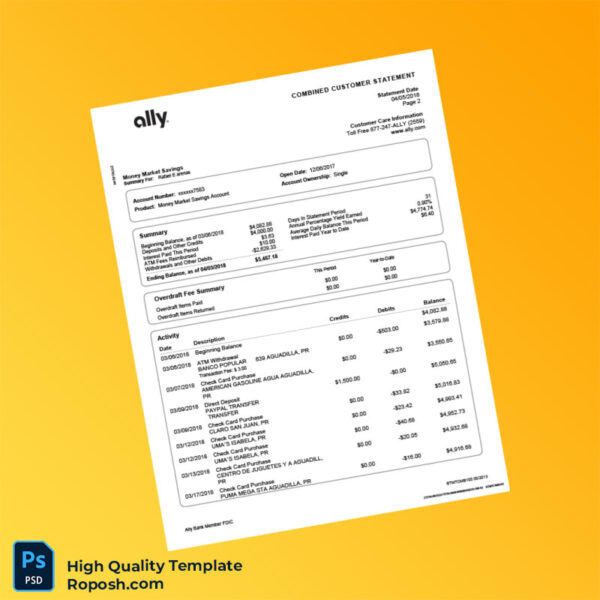 USA Ally Bank Statement Template in Word and PDF formats 4 page