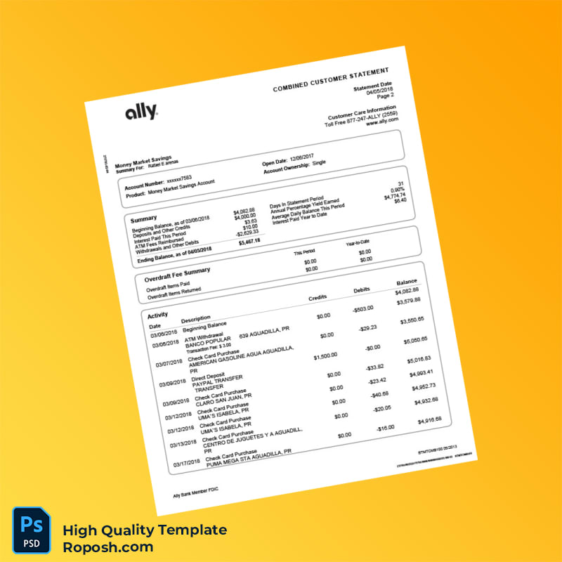 USA Ally Bank Statement Template in Word and PDF formats 4 page USA Ally Bank Statement Template in Word and PDF formats 4 page