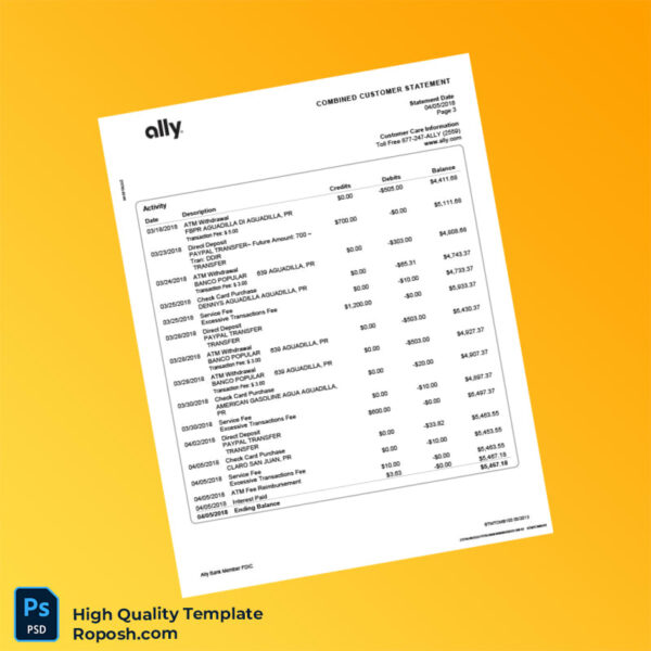 USA Ally Bank Statement Template in Word and PDF formats 4 page