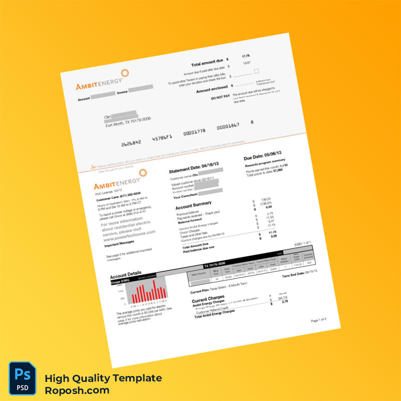 USA Ambit Energy Editable Electricity Bill Template in Word and PDF formats 3 page USA Ambit Energy Editable Electricity Bill Template in Word and PDF formats 3 page