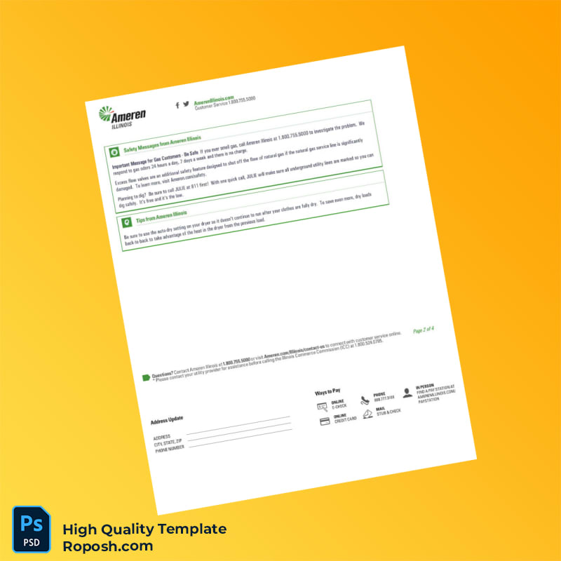 USA Ameren Illinois Editable Utility Bill Template in Word and PDF formats 4 page USA Ameren Illinois Editable Utility Bill Template in Word and PDF formats 4 page