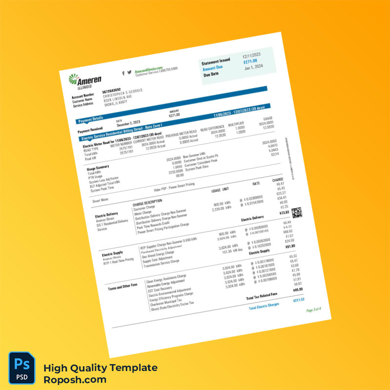 USA Ameren Illinois Editable Utility Bill Template in Word and PDF formats 4 page USA Ameren Illinois Editable Utility Bill Template in Word and PDF formats 4 page