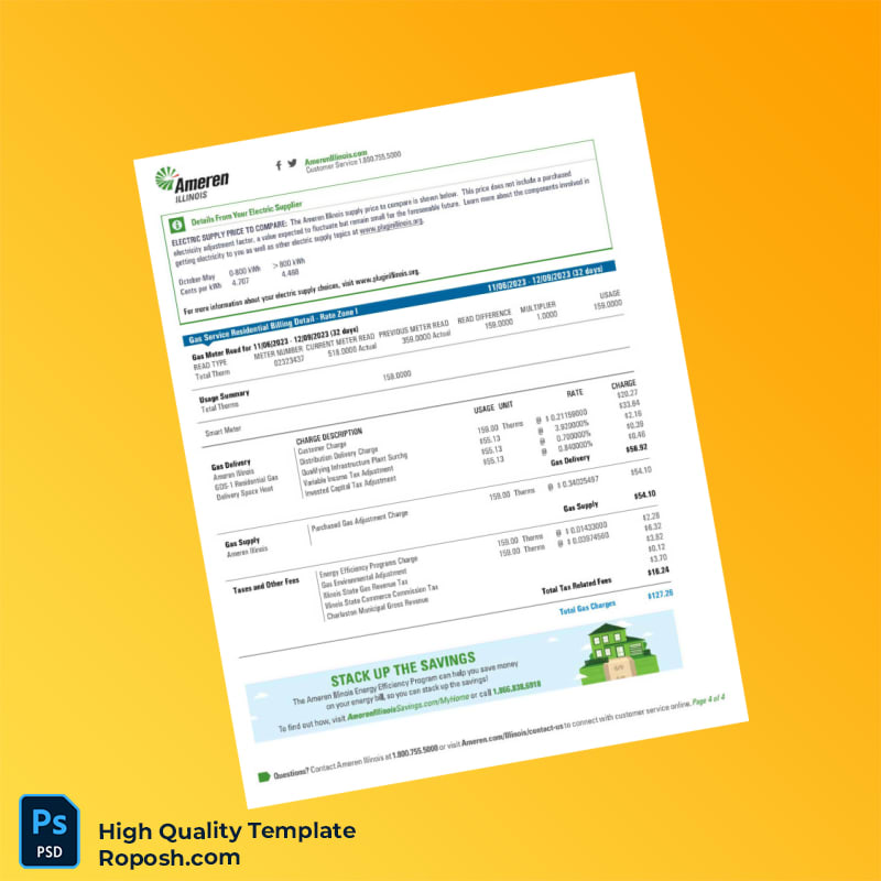 USA Ameren Illinois Editable Utility Bill Template in Word and PDF formats 4 page USA Ameren Illinois Editable Utility Bill Template in Word and PDF formats 4 page