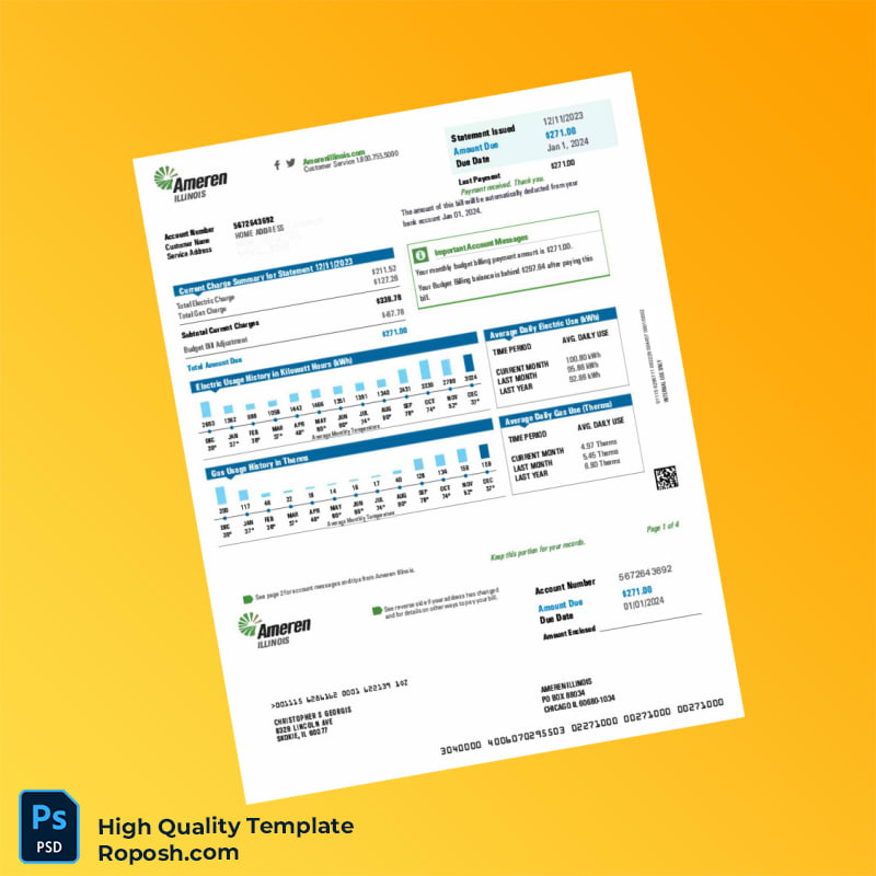 USA Ameren Illinois Editable Utility Bill Template in Word and PDF formats 4 page USA Ameren Illinois Editable Utility Bill Template in Word and PDF formats 4 page