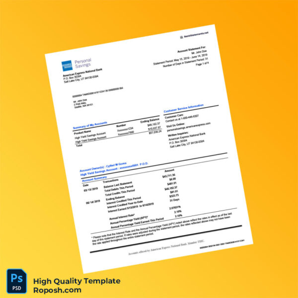USA American Express Bank Statement Template in Word and PDF formats 5 page