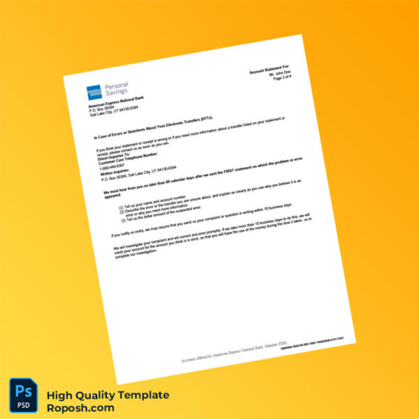USA American Express Bank Statement Template in Word and PDF formats 5 page