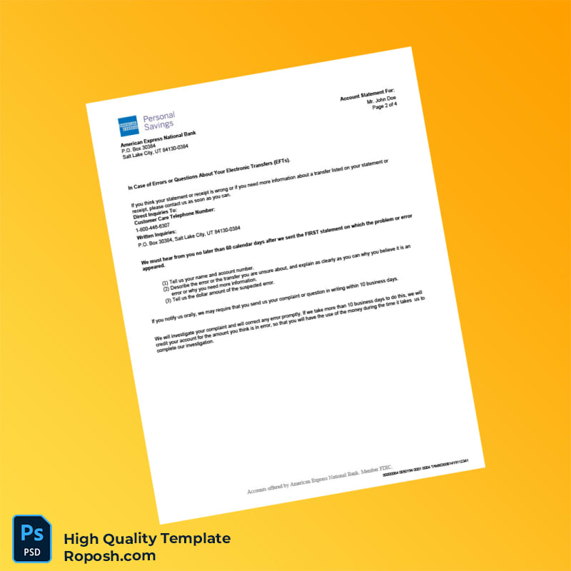 USA American Express Bank Statement Template in Word and PDF formats 5 page USA American Express Bank Statement Template in Word and PDF formats 5 page