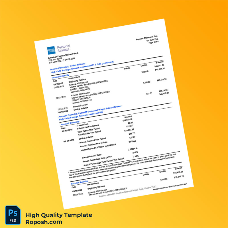 USA American Express Bank Statement Template in Word and PDF formats 5 page USA American Express Bank Statement Template in Word and PDF formats 5 page