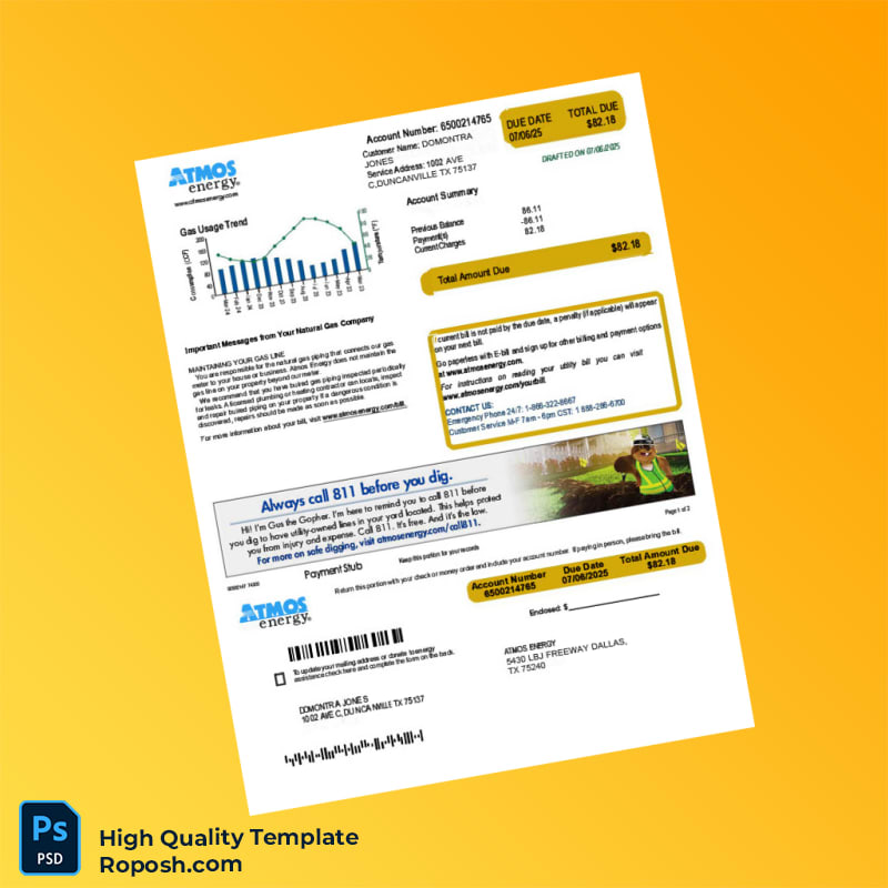 USA Atmos Energy Editable Gas Bill Template in Word and PDF formats USA Atmos Energy Editable Gas Bill Template in Word and PDF formats