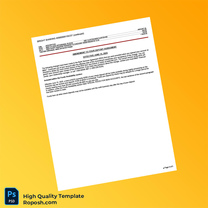 USA BBT Bank Statement Template in Word and PDF formats 5 page USA BBT Bank Statement Template in Word and PDF formats 5 page