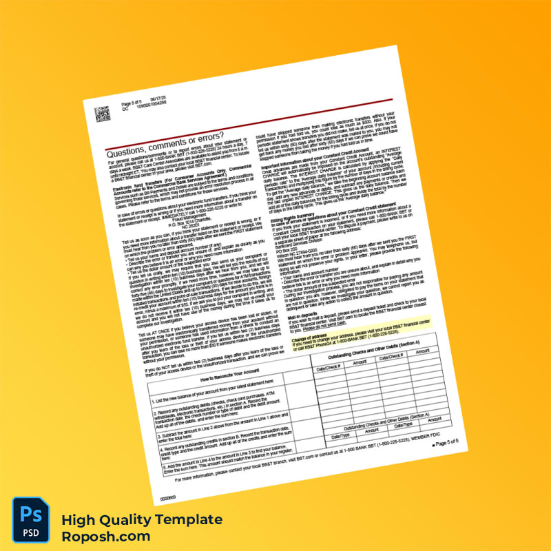 USA BBT Bank Statement Template in Word and PDF formats 5 page USA BBT Bank Statement Template in Word and PDF formats 5 page
