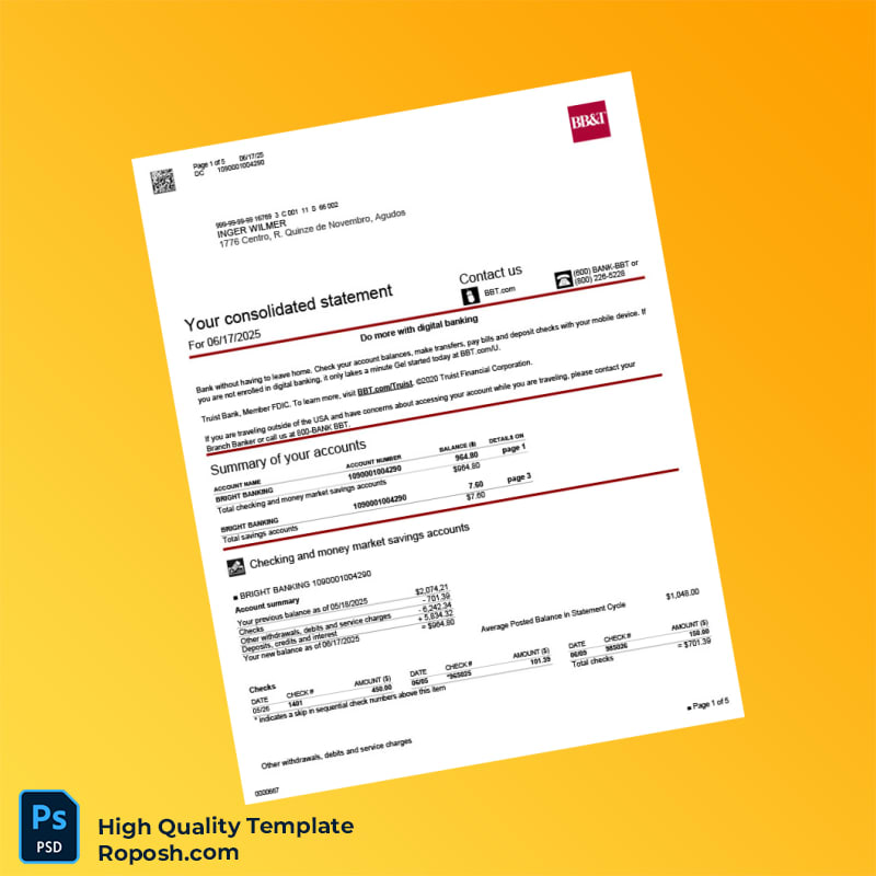 USA BBT Bank Statement Template in Word and PDF formats 5 page USA BBT Bank Statement Template in Word and PDF formats 5 page