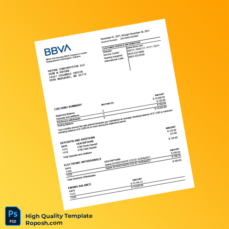 USA BBVA Bank Statement Template in Word and PDF formats 2 page USA BBVA Bank Statement Template in Word and PDF formats 2 page
