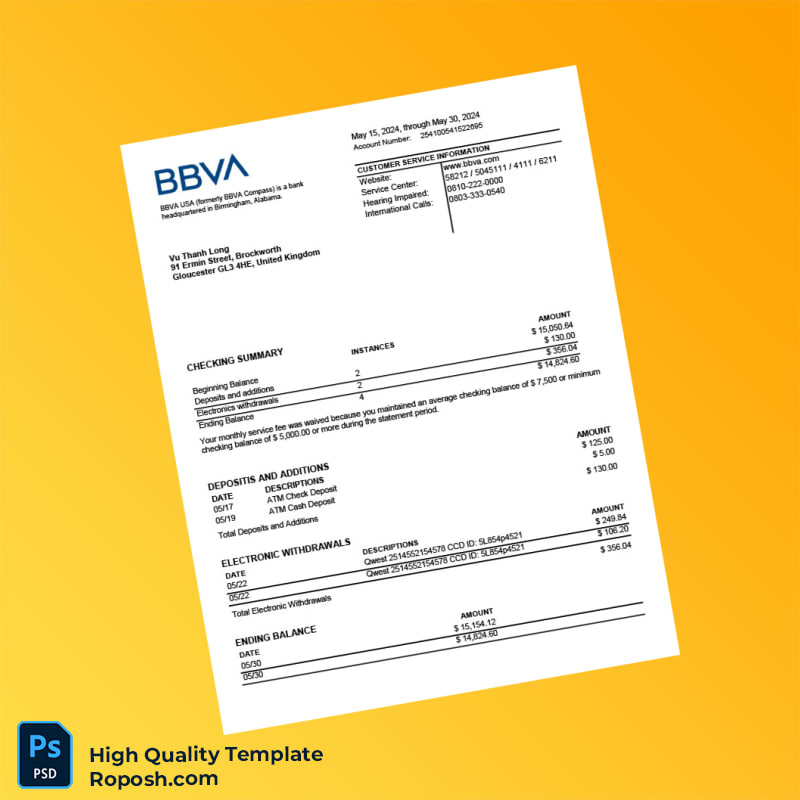 USA BBVA Checking Account Statement Template in Word and PDF formats USA BBVA Checking Account Statement Template in Word and PDF formats
