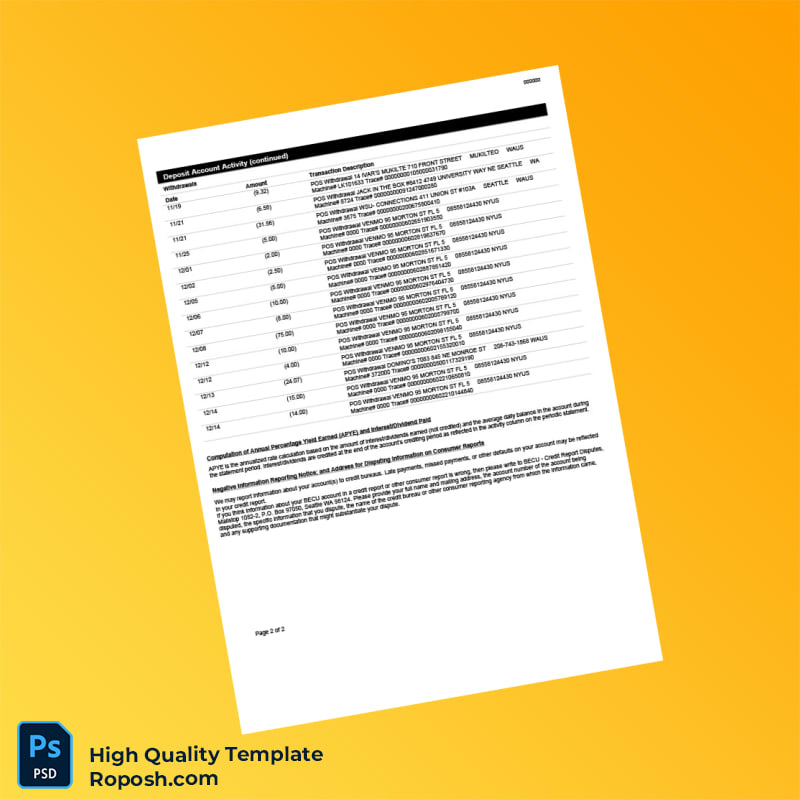 USA BECU Bank Statement Template in Word and PDF formats 2 page USA BECU Bank Statement Template in Word and PDF formats 2 page
