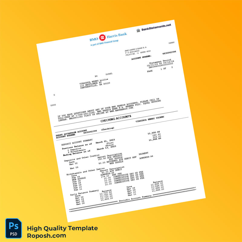 USA BMO Harris Bank Statement Template in Word and PDF formats 4 page USA BMO Harris Bank Statement Template in Word and PDF formats 4 page