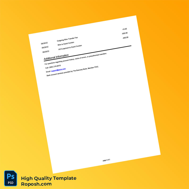 USA Bancorp Bank Account Statement Template in Word and PDF formats 2 page USA Bancorp Bank Account Statement Template in Word and PDF formats 2 page