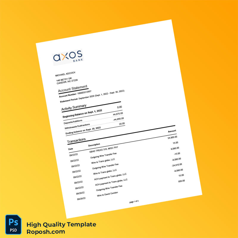 USA Bancorp Bank Account Statement Template in Word and PDF formats 2 page USA Bancorp Bank Account Statement Template in Word and PDF formats 2 page